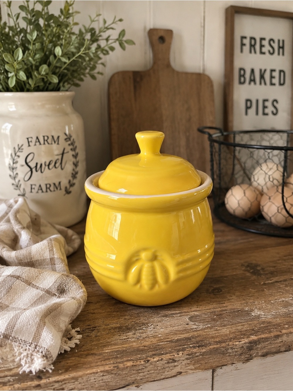 Creative Co-Op Bright Yellow Ceramic Jar w/bee Motif.